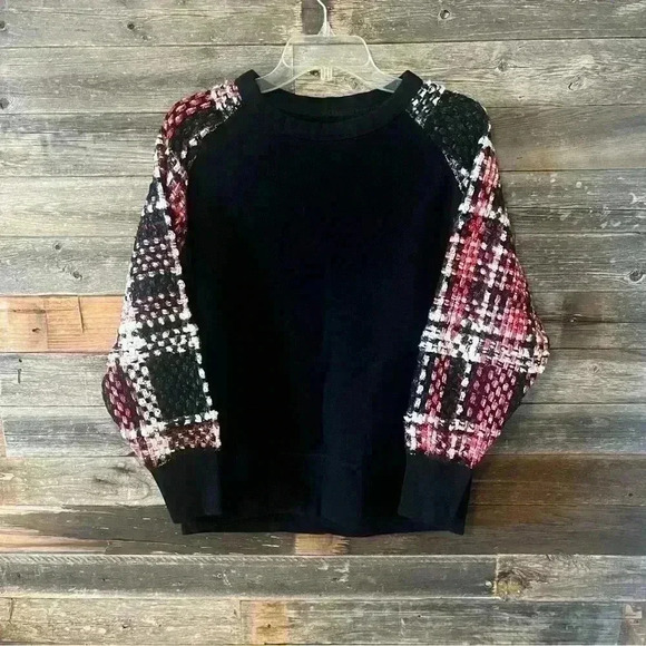 rag & bone Racer X Linton Black Red Plaid Tweed Sleeve Sweatshirt XS - Picture 3 of 11